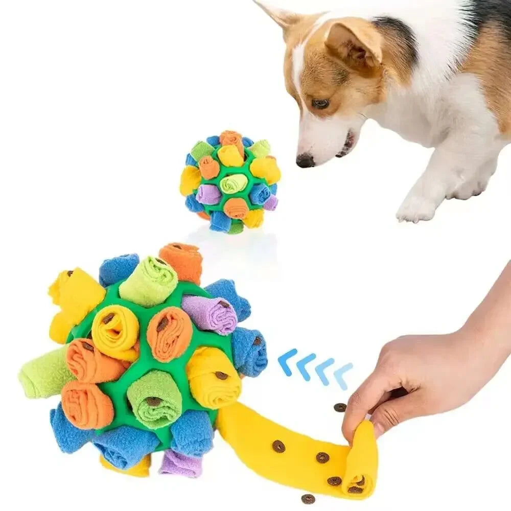 Snuffle ball for dogs – fleece slow-feeder enrichment toy with a dog sniffing out treats