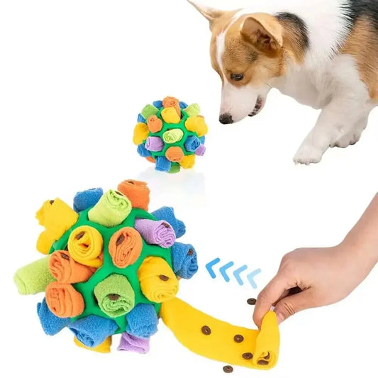 Snuffle ball for dogs – fleece slow-feeder enrichment toy with a dog sniffing out treats