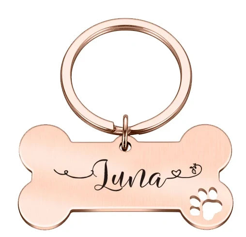Rose gold name tag, front engraved with the pet's name